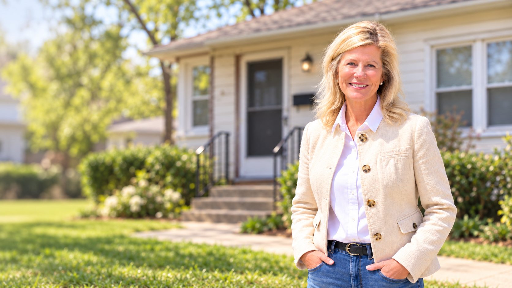 Mary Z, local owner of Able Buys Houses, pictured in front of a house